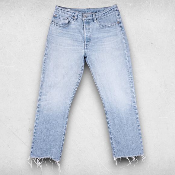 Levis Premium 501 Original Cropped Jeans Women 30 Blue Straight Leg Streetwear - Picture 1 of 15